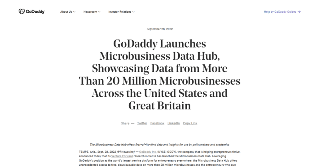 GoDaddy 推出微企业数据中心 展示来自美国和英国超过2000万家微企业的数据