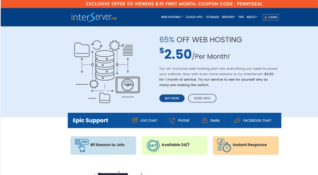 Interserver 用户购买VPS产品第一个月可凭优惠代码获得0.01 美元的独家优惠