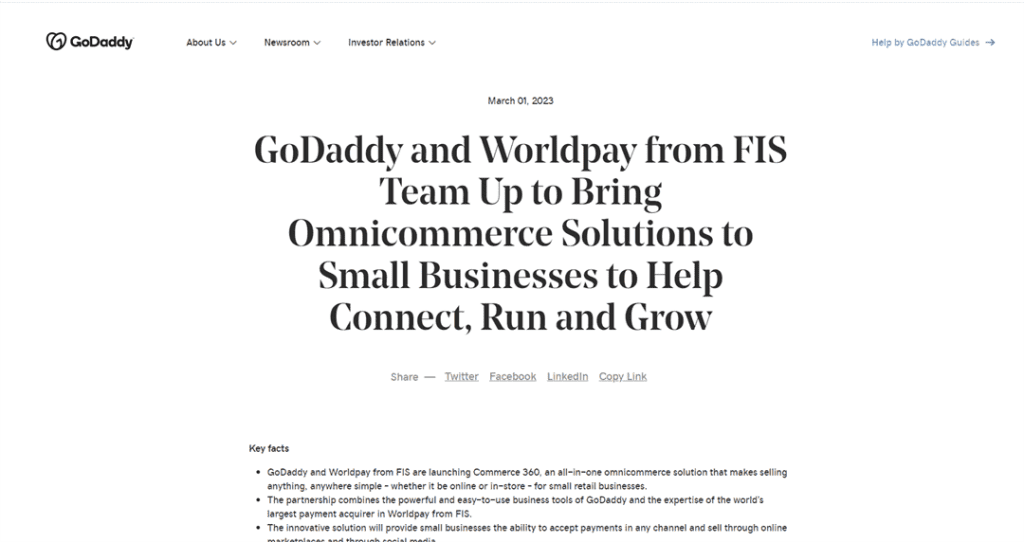 GoDaddy：与FIS的Worldpay合作为小企业提供全方位商务解决方案