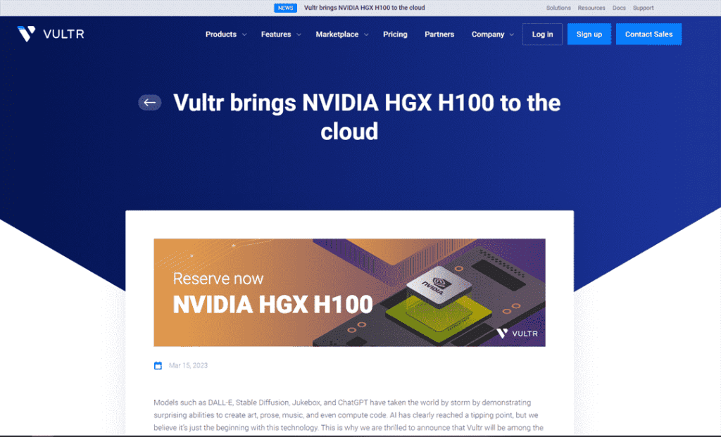 Vultr 将 NVIDIA HGX H100 带入云端
