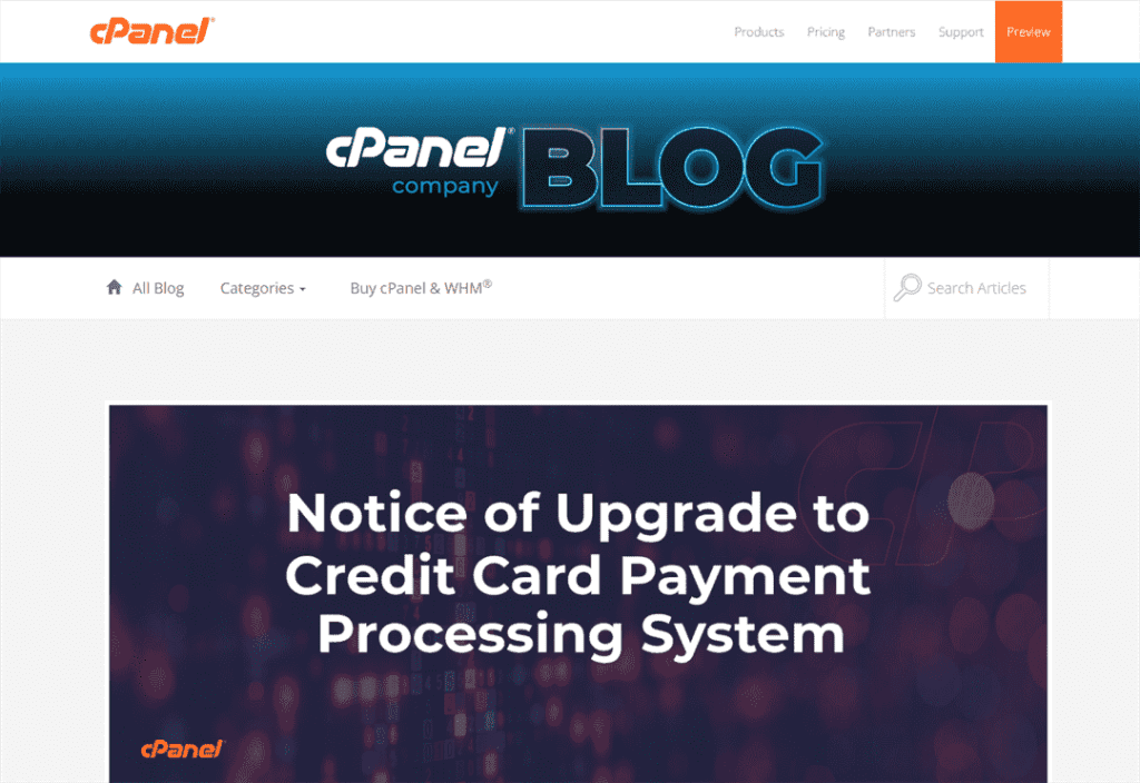 cPanel 关于升级信用卡处理系统的通知