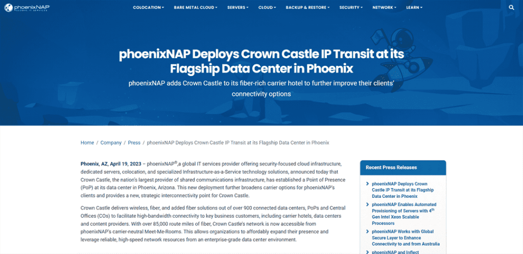 PhoenixNAP在其位于凤凰城的旗舰数据中心部署了Crown Castle IP Transit