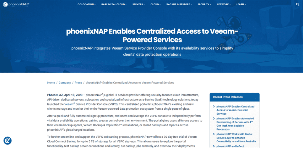 PhoenixNAP提供Veeam驱动服务的集成访问