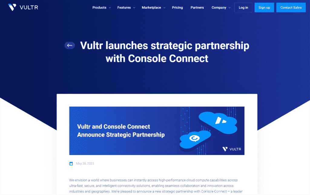 Vultr与Console Connect达成战略合作伙伴关系