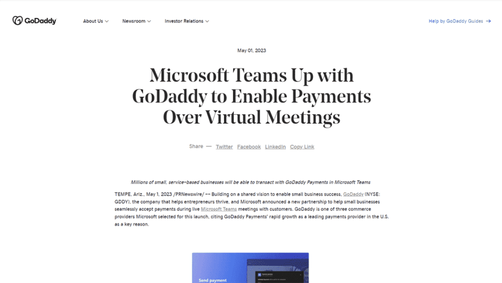 微软与GoDaddy合作，在虚拟会议中实现付款功能