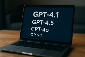 一台笔记本电脑展示GPT-4.1、GPT-4.5、GPT-4o与GPT-4等AI模型名称的清晰屏幕画面