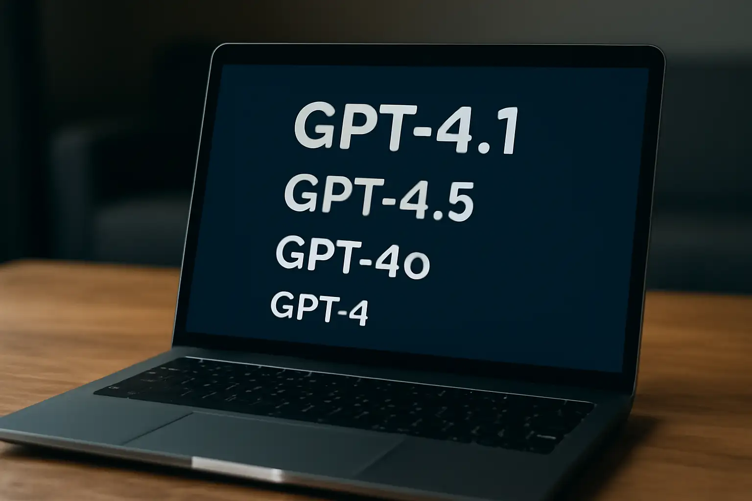 一台笔记本电脑展示GPT-4.1、GPT-4.5、GPT-4o与GPT-4等AI模型名称的清晰屏幕画面