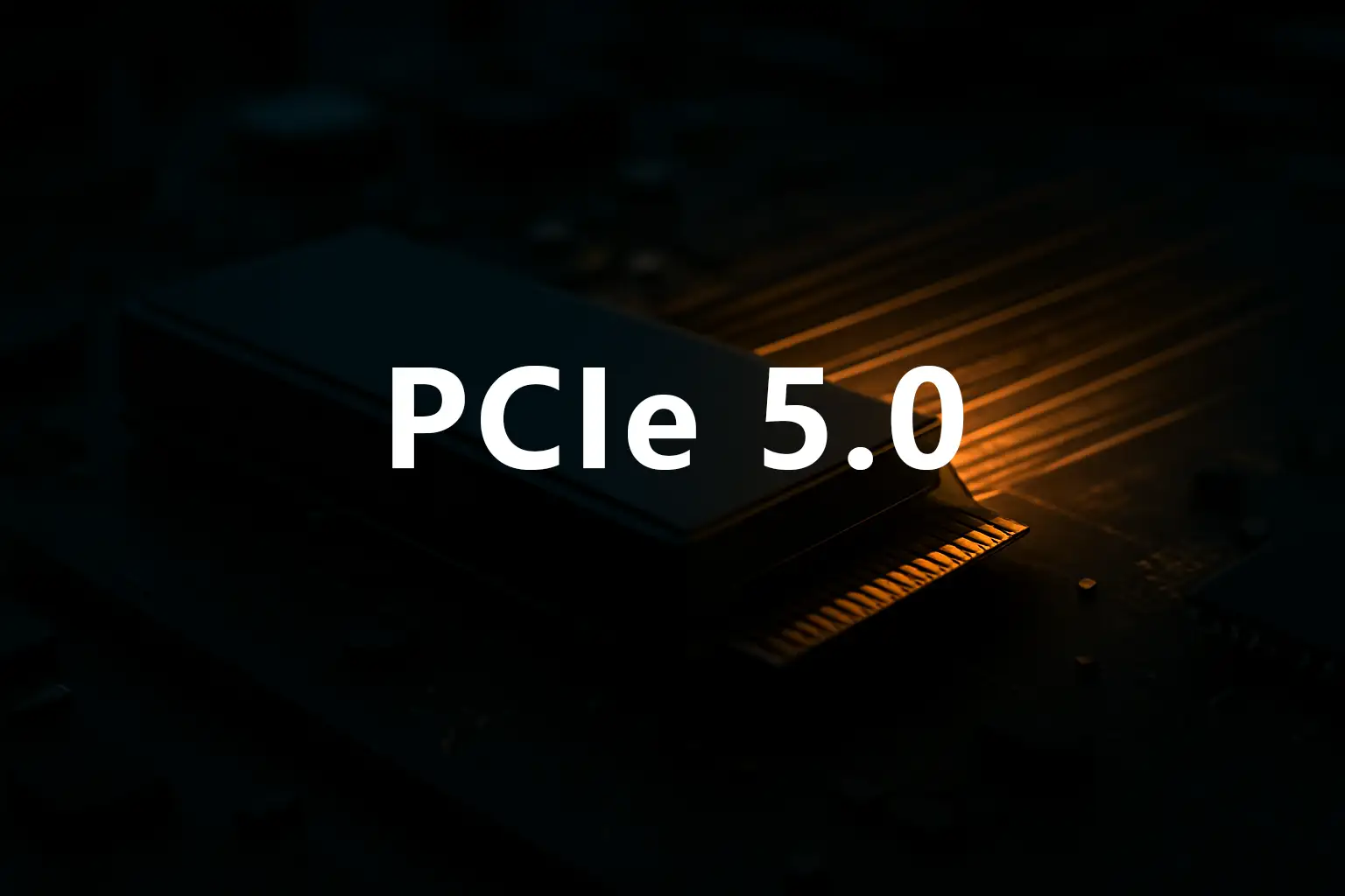 安装在主板上的一块无品牌 PCIe 固态硬盘，金手指处散发出橙色光线，象征高速传输